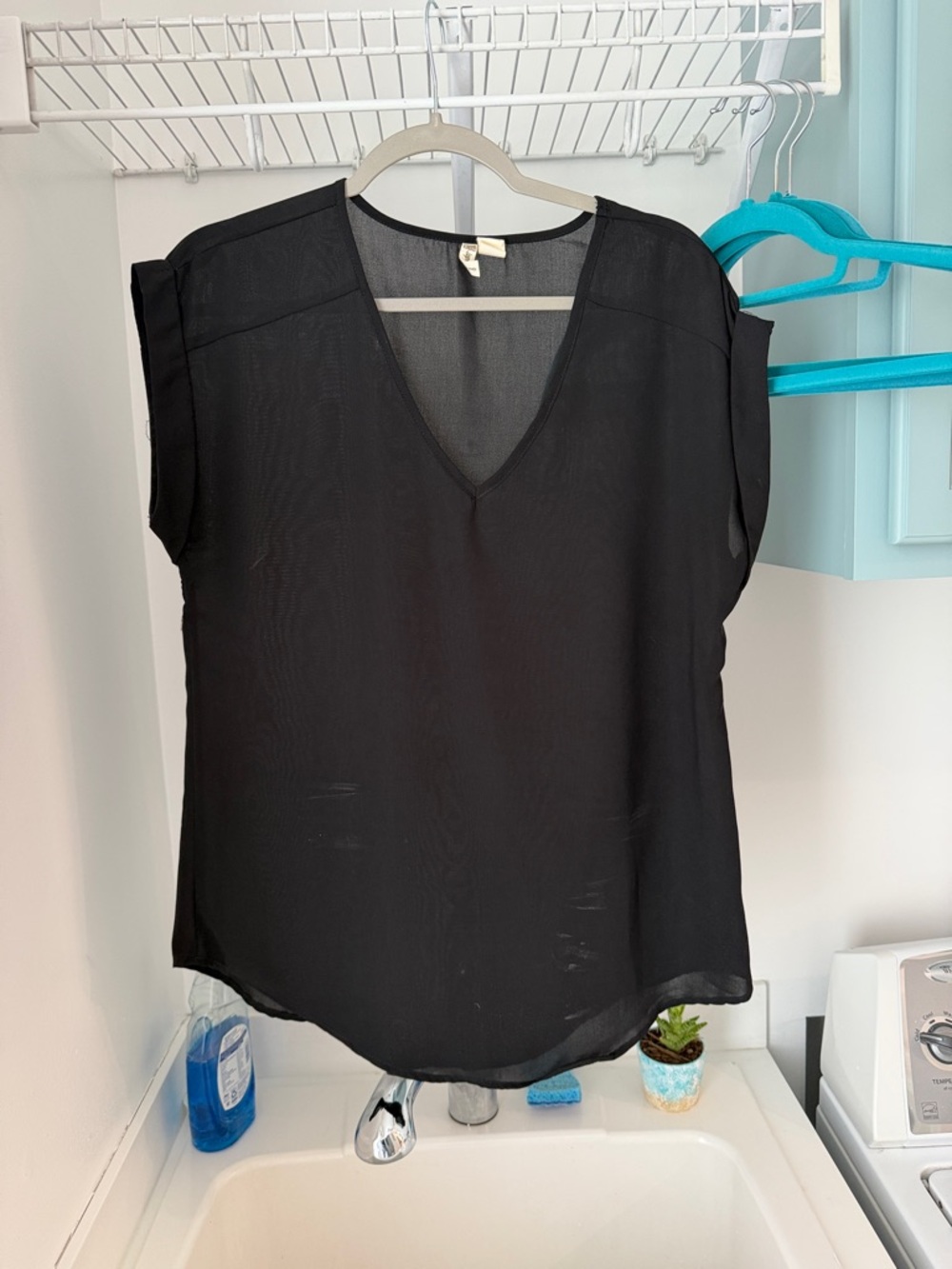 Japna Sheer Black V-Neck Cap Sleeve Blouse